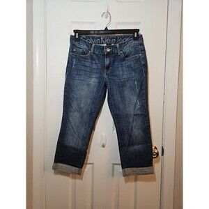 Calvin Klein Jean Capris Size 4 Blue Denim Flat Front Side Pockets Button Zipper